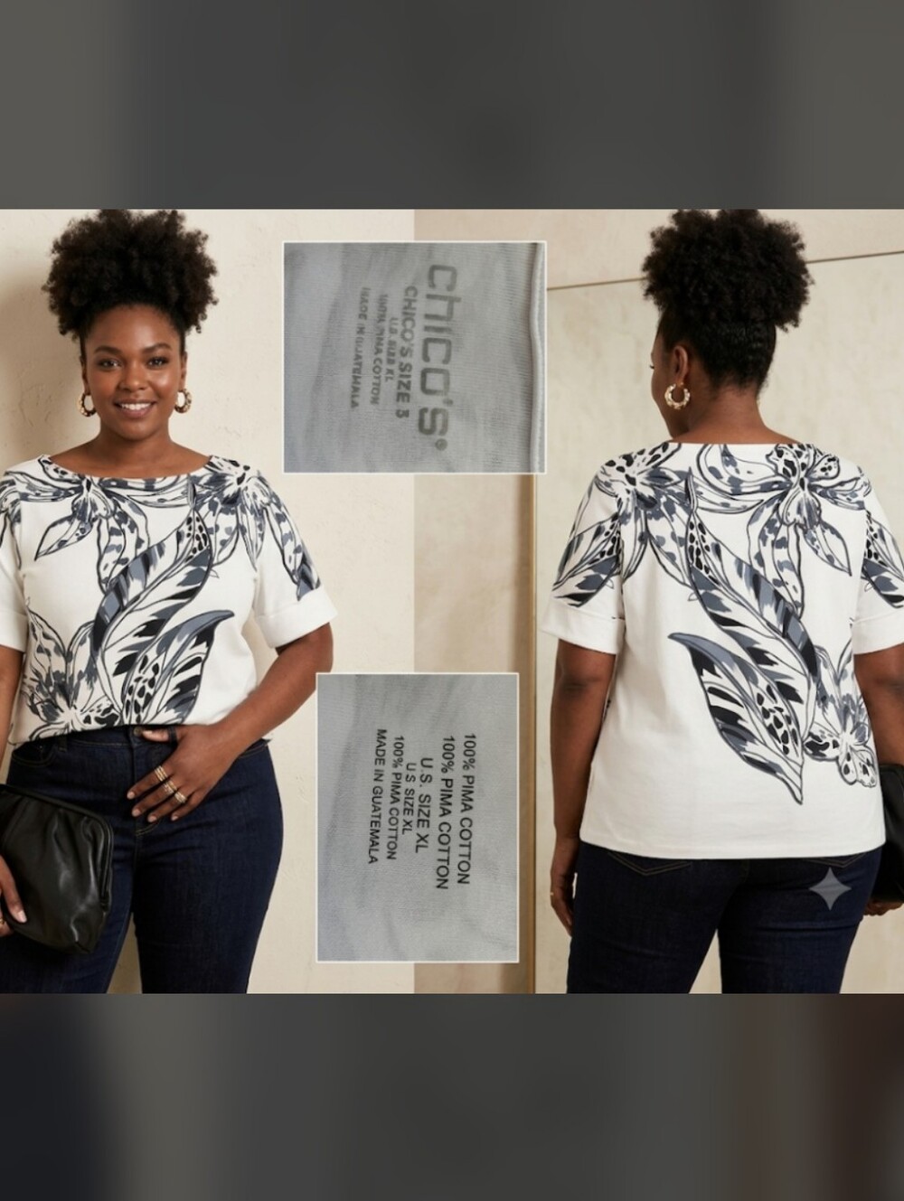 Chico's White Floral Short Sleeve Top with Blue Gray Botanical Print Size 3